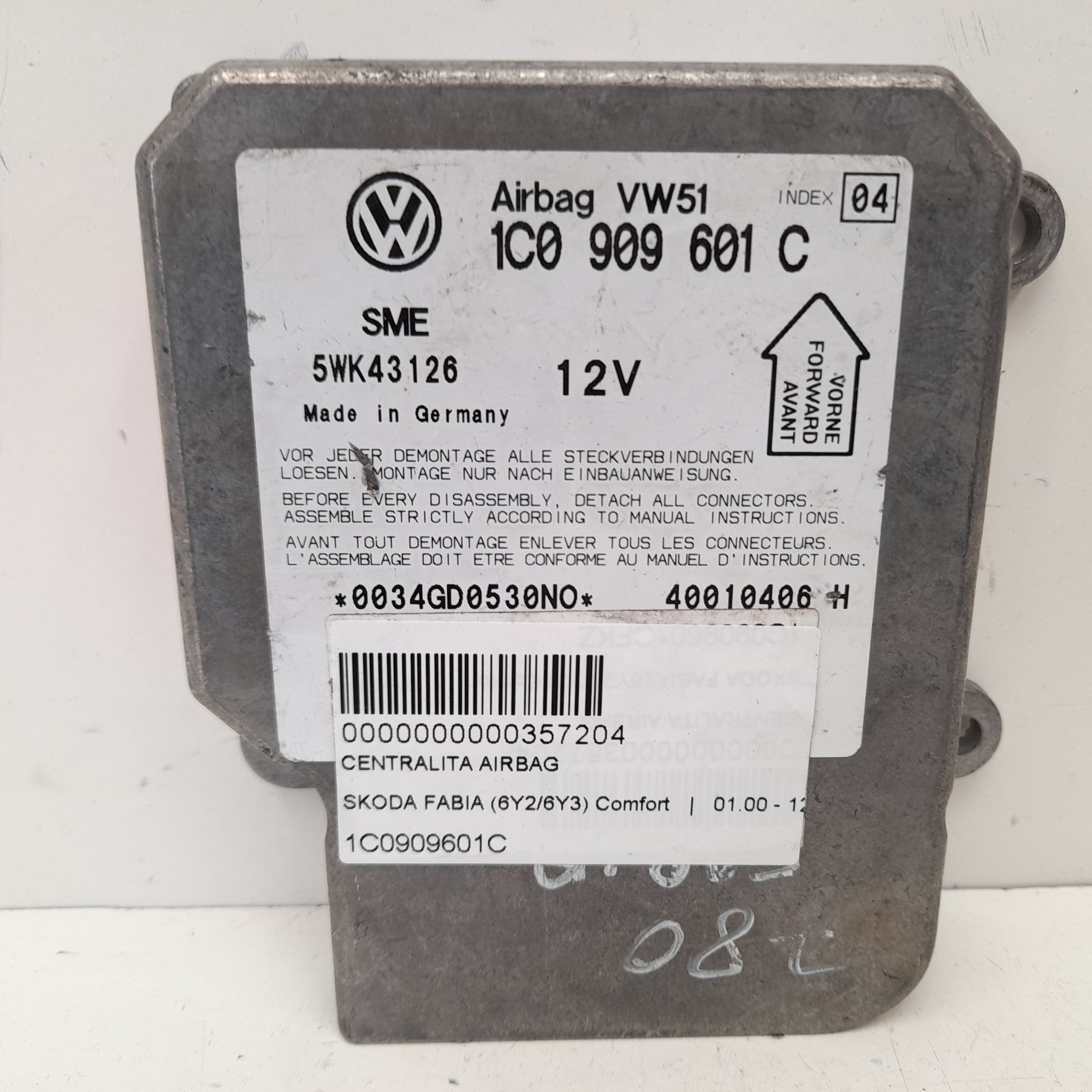 MAZDA Fabia 6Y (1999-2007) SRS Control Unit 1C0909601C 21962410