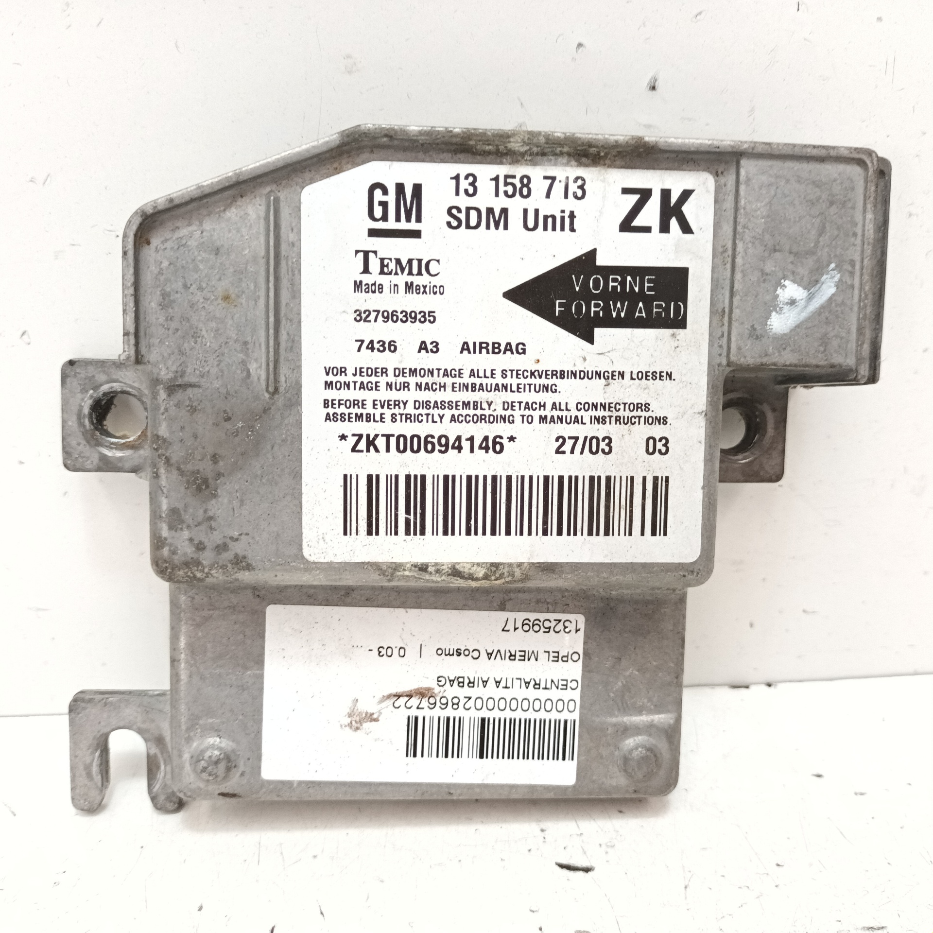 OPEL Meriva 1 generation (2002-2010) SRS Control Unit 13158713ZK 22042333