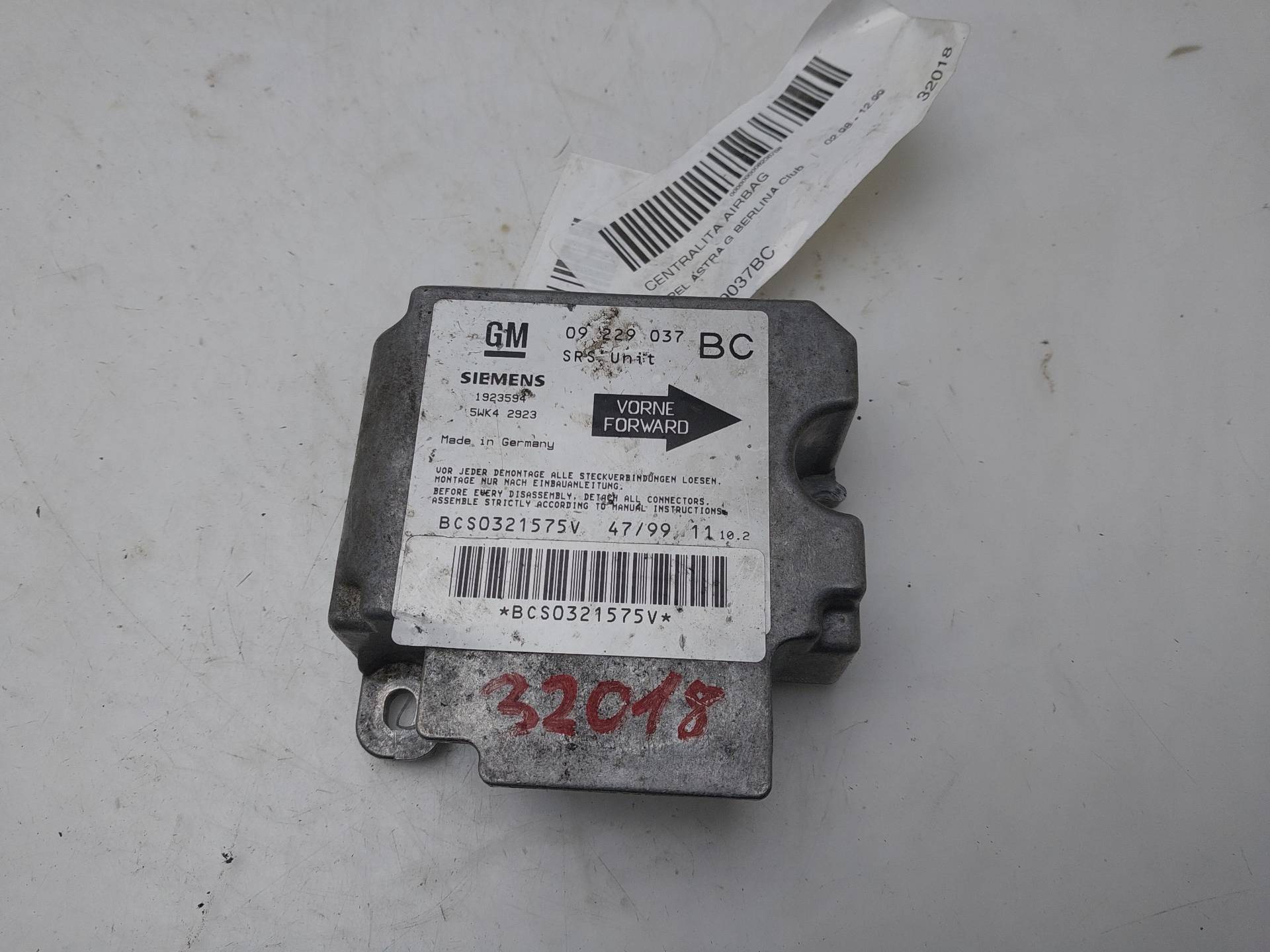 OPEL Astra H (2004-2014) SRS Control Unit 09229037BC 23891832