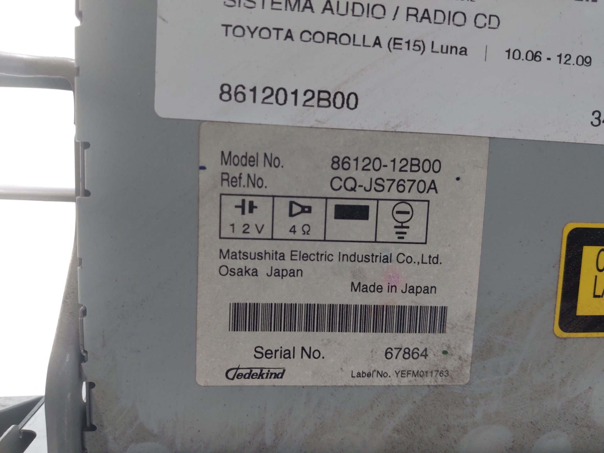 TOYOTA Corolla 10 generation E140/E150 (2006-2013) Zenelejátszó GPS nélkül 8612012B00 24759284