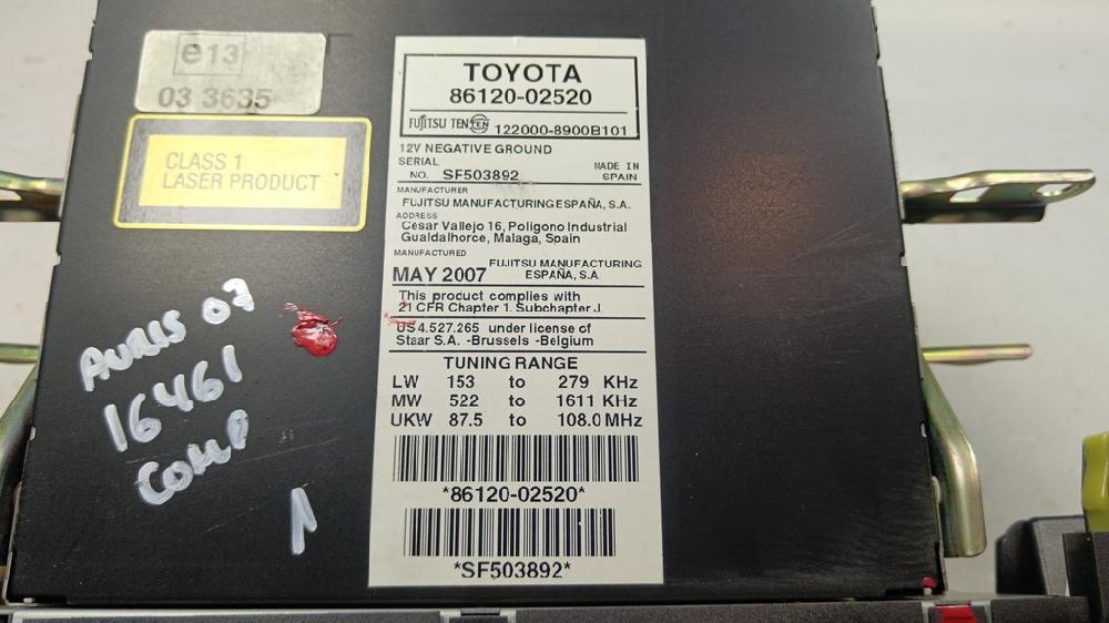 SISTEMA AUDIO RADIO CD TOYOTA AURIS 1.6 MT 124CV | 91KW