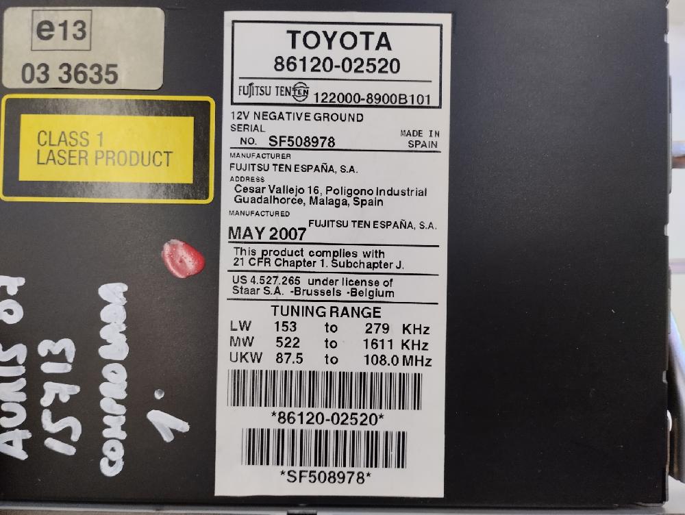 SISTEMA AUDIO RADIO CD TOYOTA AURIS 1.4 MT 97CV | 71KW