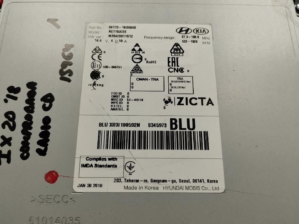 SISTEMA AUDIO RADIO CD HYUNDAI IX20 1.4 MT BLUE 90CV