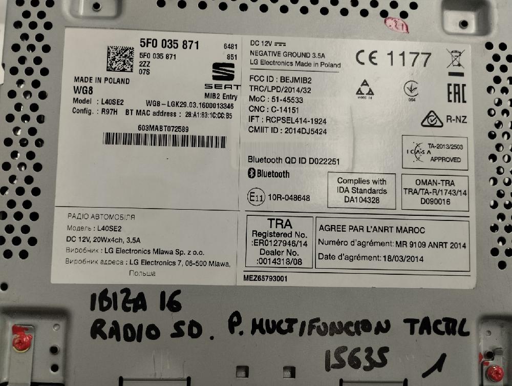 SISTEMA AUDIO RADIO CD SEAT IBIZA 2016 1.2 TSI MT 90CV