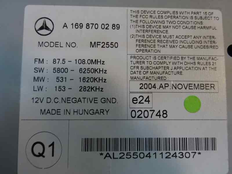 SISTEMA AUDIO RADIO CD MERCEDES BENZ CLASE A 2004 2.0 A 180 CDI MT 109CV