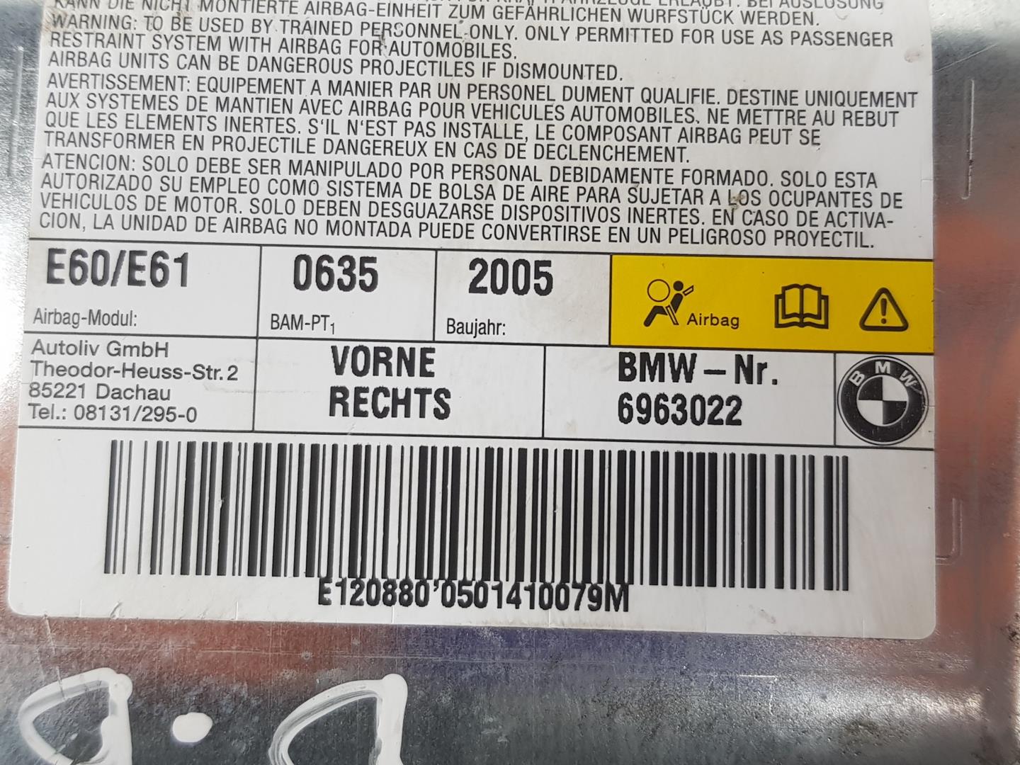 BMW 5 Series E60/E61 (2003-2010) Priekinių dešinių durų oro pagalvė (SRS) 72126963022, 6963022 19863851