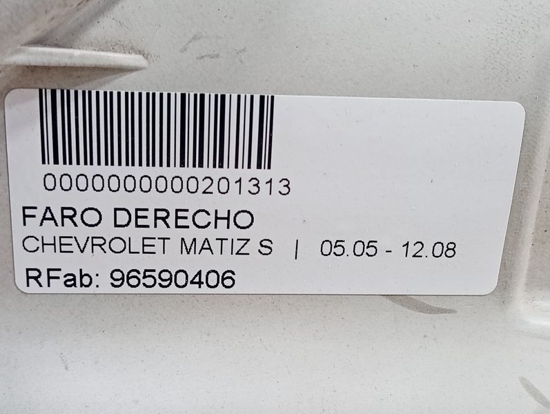 Faro derecho B10S1 96590406 de Chevrolet Matiz 2005-2011 67 CV / 49 KW CV - pieza usada
