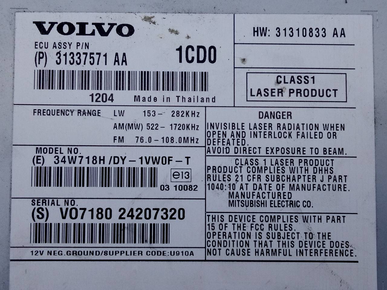 DODGE XC60 1 generation (2008-2017) Lecteur de musique sans GPS 1877447, 31337571AA, E3-B5-50-3 21794099