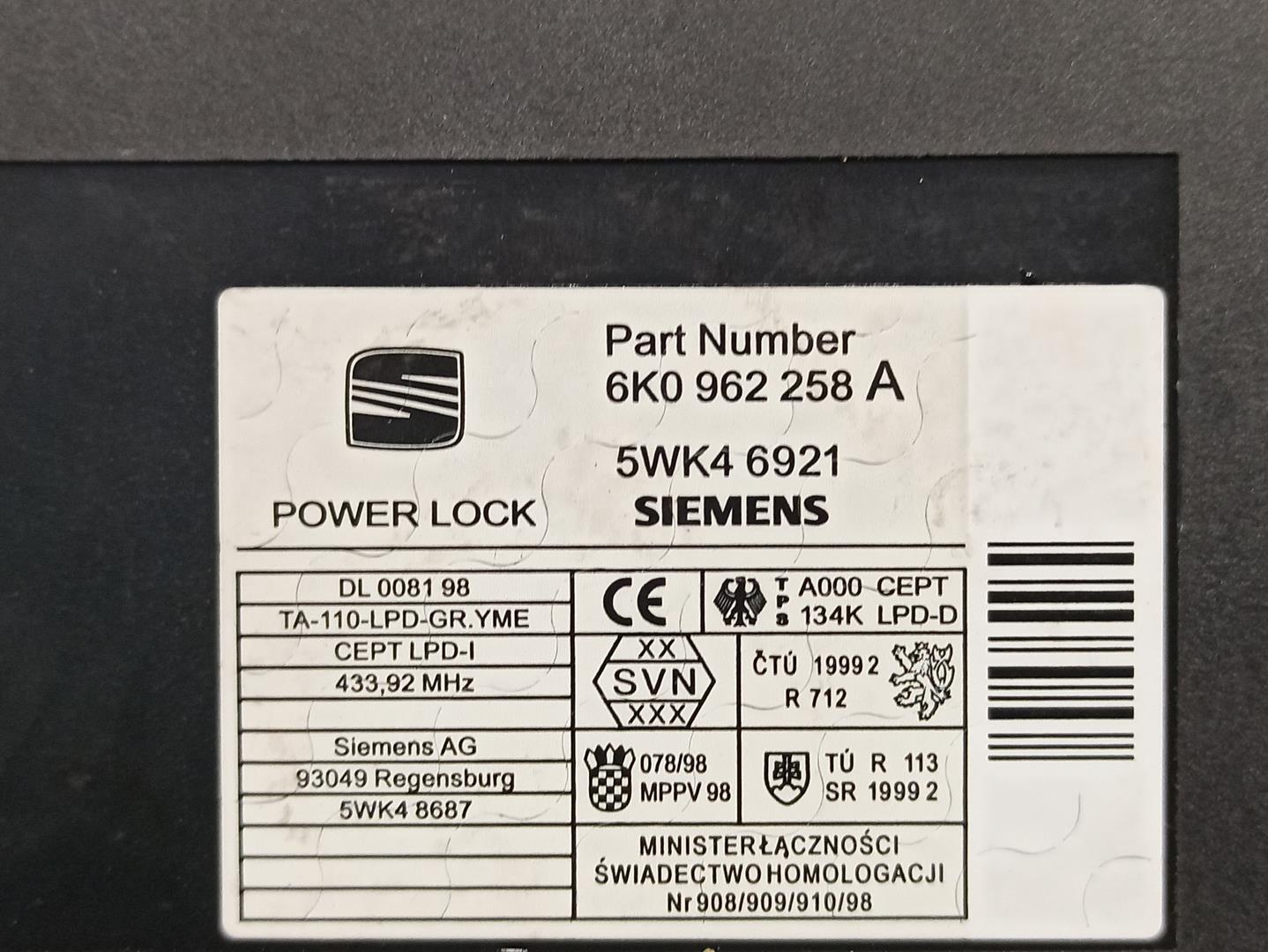 SEAT Cordoba 2 generation (1999-2009) Other Control Units 6K0962258A, 5WK46921, SIEMENS 24210591