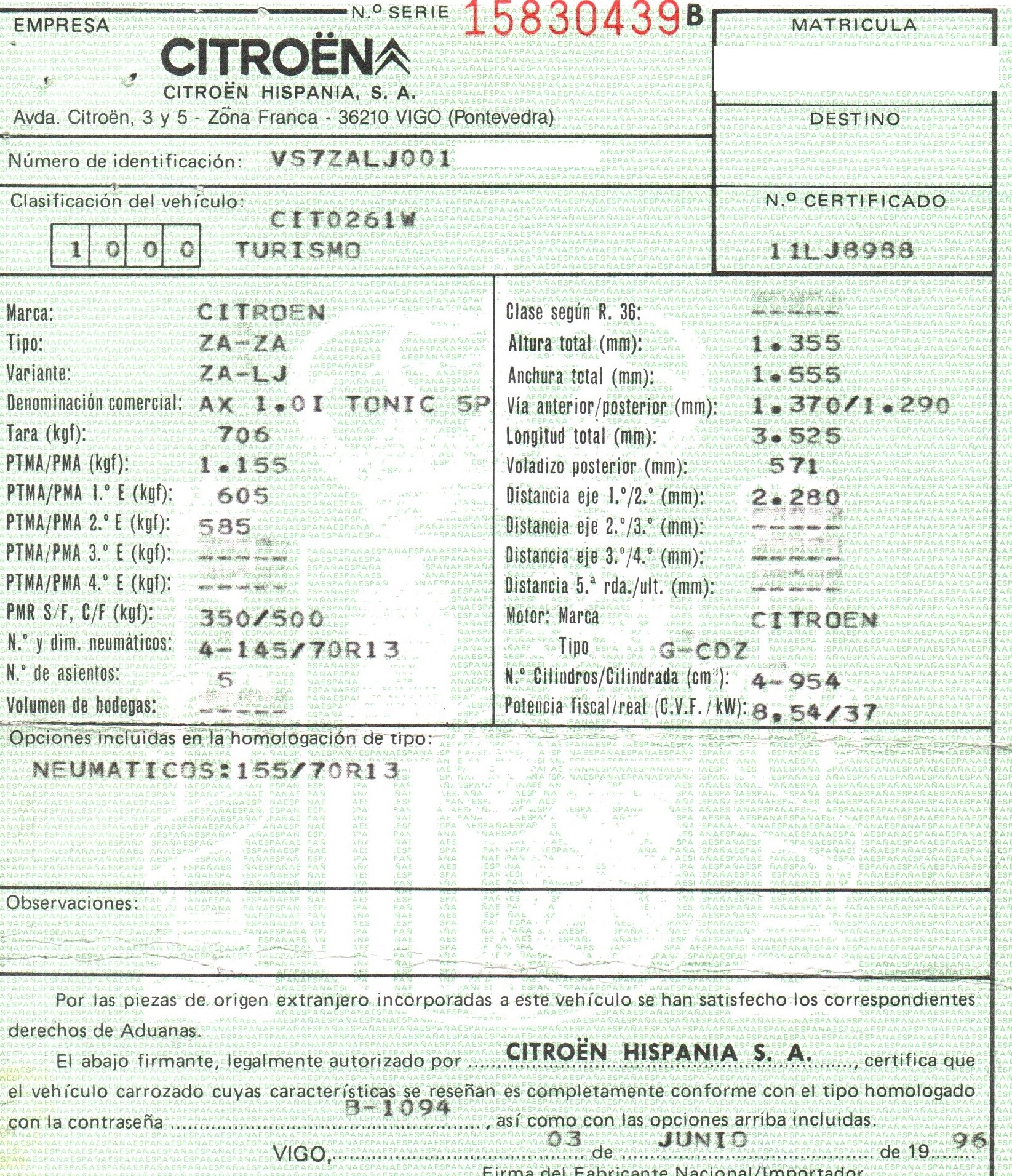 FIAT AX 1 generation (1986-1998) Blinklys foran høyre skjerm 19834207